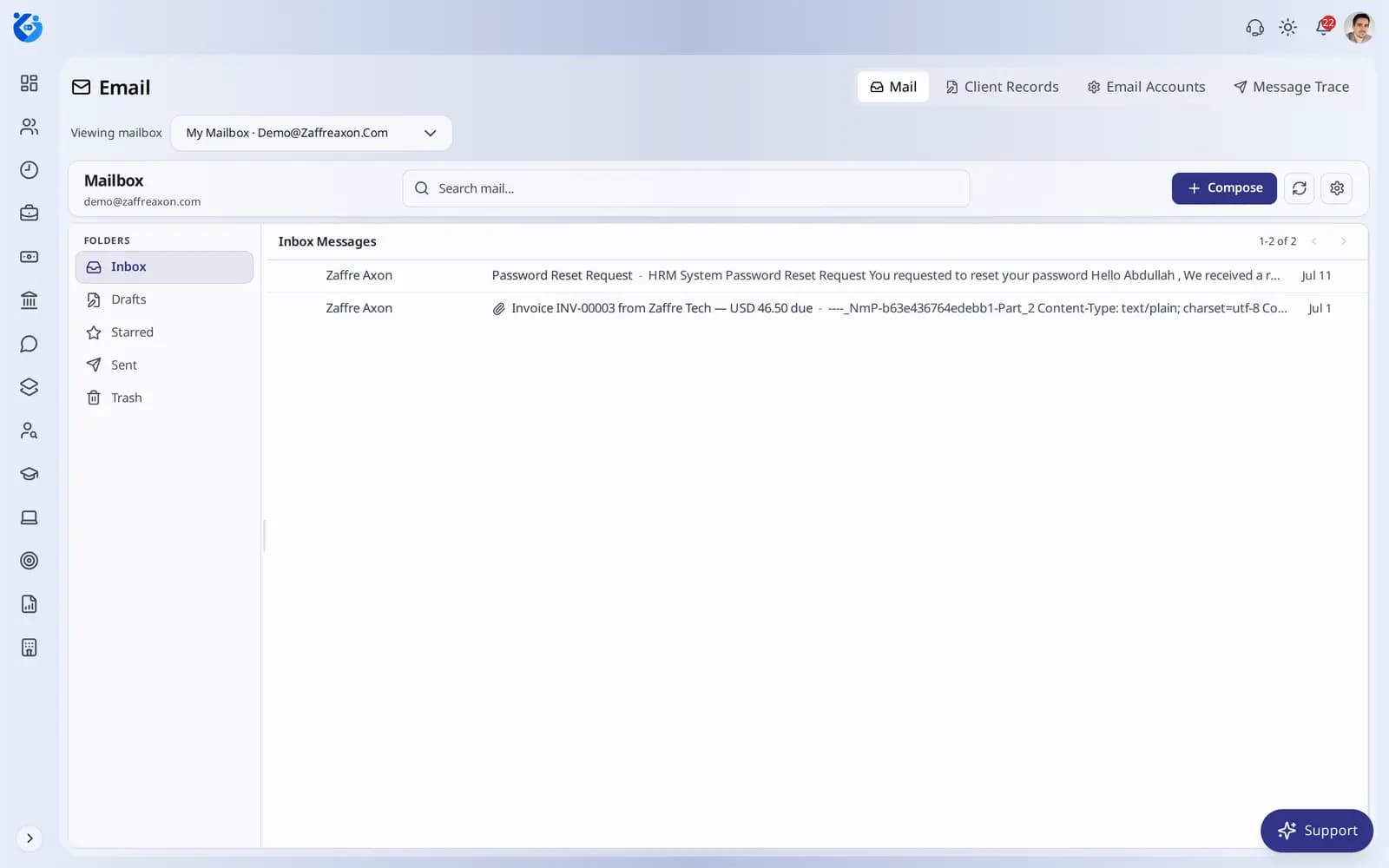 Zaffre Mail screen