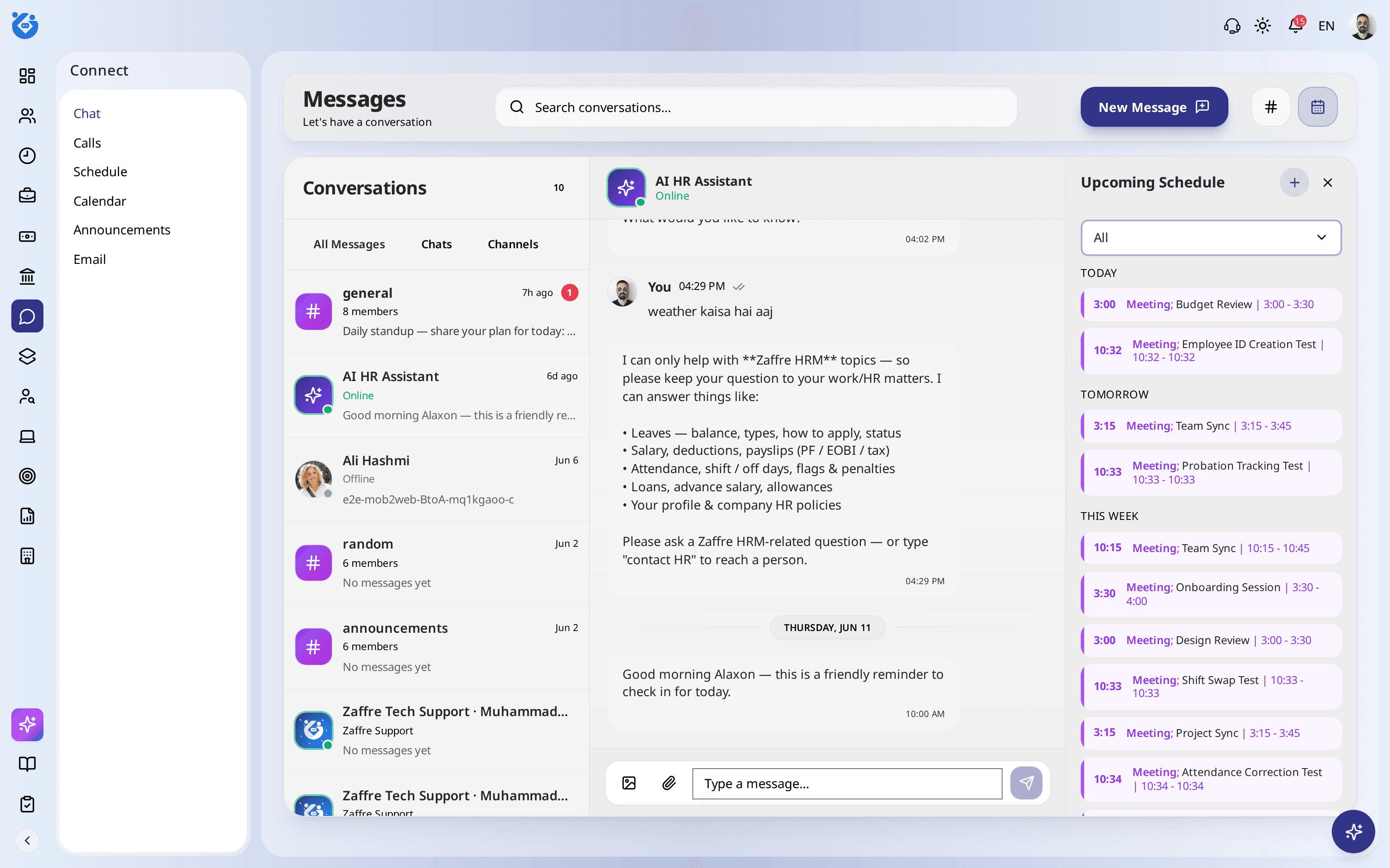 Ask-AI-HR assistant in Zaffre Connect