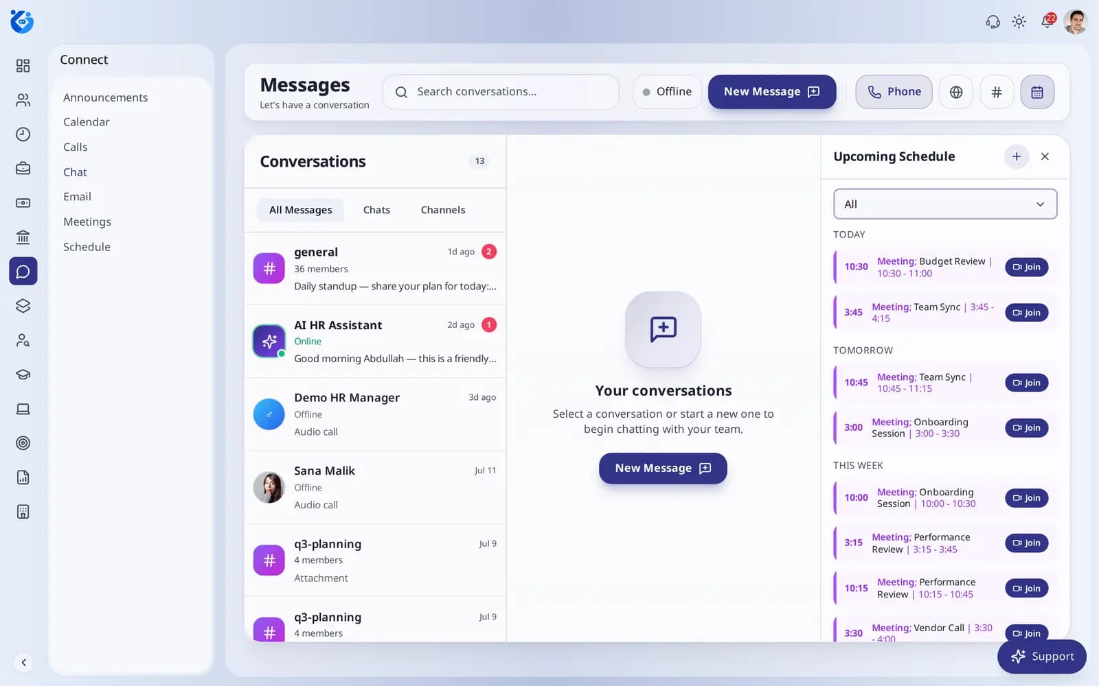 Ask-AI-HR assistant in Zaffre Connect
